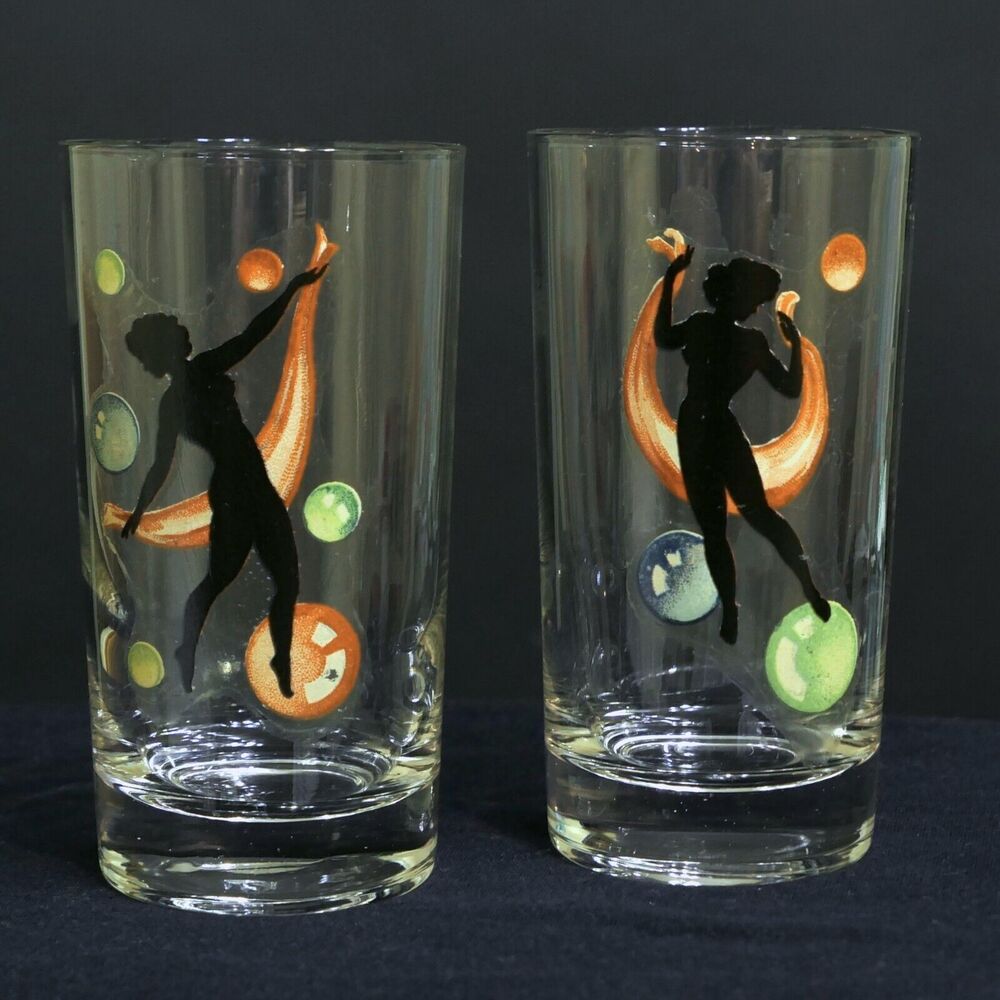 2 Federal Glass Nude Pinup Risque Girl Silhouette Glasses MCM 5.25" Tall Nick